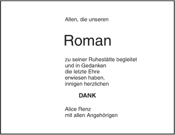 Traueranzeige von Roman  von SÜDWEST PRESSE Ausgabe Ulm/Neu-Ulm