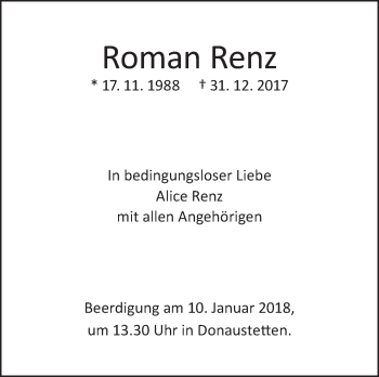 Traueranzeige von Roman Renz von SÜDWEST PRESSE Ausgabe Ulm/Neu-Ulm