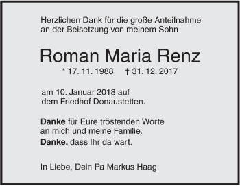 Traueranzeige von Roman Maria Renz von SÜDWEST PRESSE Ausgabe Ulm/Neu-Ulm