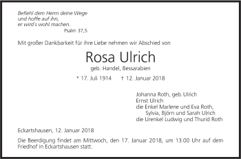 Traueranzeige von Rosa Ulrich von Hohenloher Tagblatt