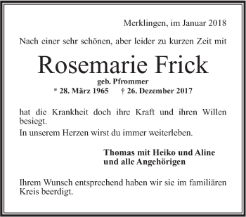 Traueranzeige von Rosemarie Frick von Hohenloher Tagblatt