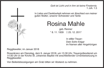 Traueranzeige von Rosina Mahle von SÜDWEST PRESSE Ausgabe Ulm/Neu-Ulm