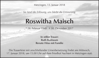 Traueranzeige von Roswitha Maisch von Metzinger-Uracher Volksblatt