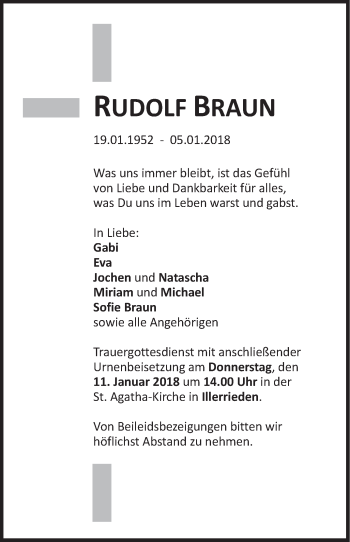 Traueranzeige von Rudolf Braun von SÜDWEST PRESSE Ausgabe Ulm/Neu-Ulm