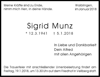 Traueranzeige von Sigrid Munz von Haller Tagblatt