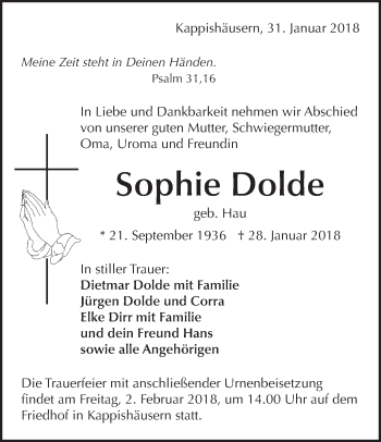 Traueranzeige von Sophie Dolde von Metzinger-Uracher Volksblatt