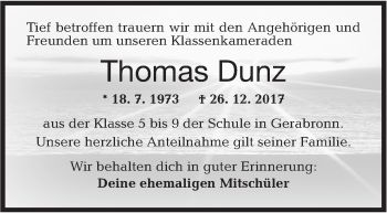 Traueranzeige von Thomas Dunz von Hohenloher Tagblatt