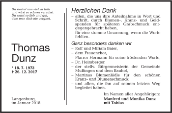 Traueranzeige von Thomas Dunz von Hohenloher Tagblatt