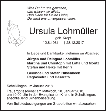 Traueranzeige von Ursula Lohmüller von Ehinger Tagblatt