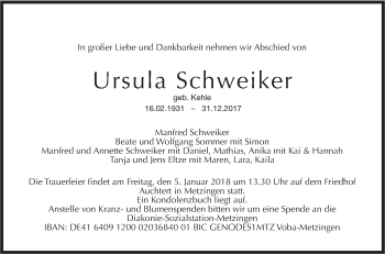 Traueranzeige von Ursula Schweiker von Metzinger-Uracher Volksblatt