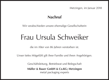 Traueranzeige von Ursula Schweiker von Metzinger-Uracher Volksblatt