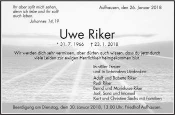 Traueranzeige von Uwe Riker von Geislinger Zeitung