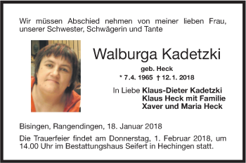 Traueranzeige von Walburga Kadetzki von Hohenzollerische Zeitung