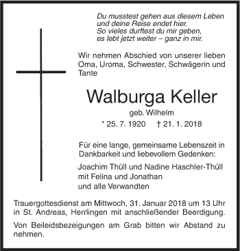 Traueranzeige von Walburga Keller von SÜDWEST PRESSE Ausgabe Ulm/Neu-Ulm