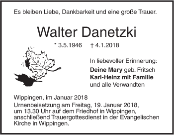 Traueranzeige von Walter Danetzki von SÜDWEST PRESSE Ausgabe Ulm/Neu-Ulm