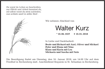 Traueranzeige von Walter Kurz von Hohenloher Tagblatt