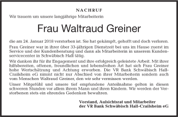 Traueranzeige von Waltraud Greiner von Haller Tagblatt