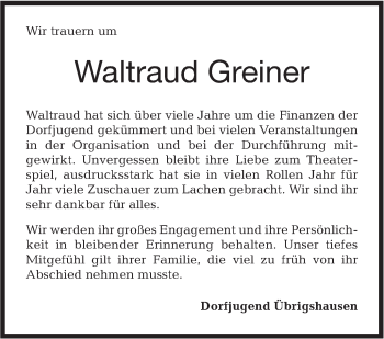 Traueranzeige von Waltraud Greiner von Haller Tagblatt