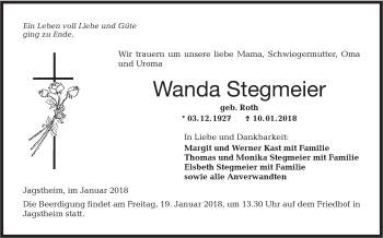 Traueranzeige von Wanda Stegmeier von Hohenloher Tagblatt