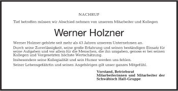 Traueranzeige von Werner Holzner von Haller Tagblatt