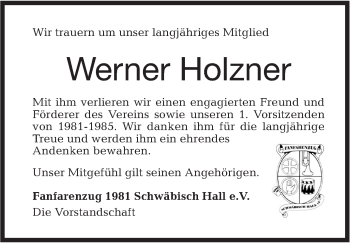 Traueranzeige von Werner Holzner von Haller Tagblatt