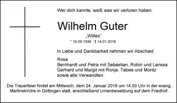 Traueranzeige von Wilhelm Guter von SÜDWEST PRESSE Ausgabe Ulm/Neu-Ulm