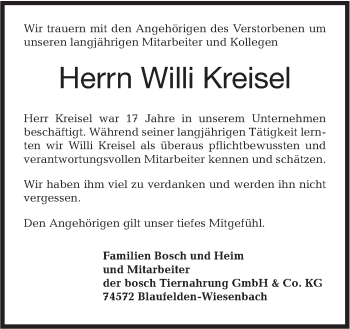 Traueranzeige von Willi Kreisel von Hohenloher Tagblatt