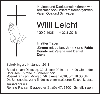 Traueranzeige von Willi Leicht von SÜDWEST PRESSE Ausgabe Ulm/Neu-Ulm