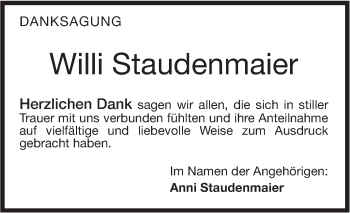 Traueranzeige von Willi Staudenmaier von Geislinger Zeitung