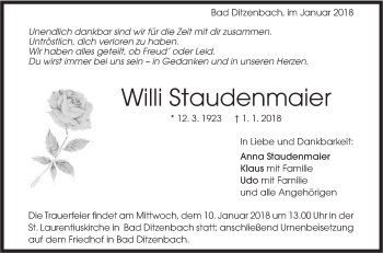 Traueranzeige von Willi Staudenmaier von Geislinger Zeitung