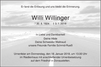 Traueranzeige von Willi Willinger von SÜDWEST PRESSE Ausgabe Ulm/Neu-Ulm