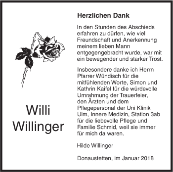 Traueranzeige von Willi Willinger von SÜDWEST PRESSE Ausgabe Ulm/Neu-Ulm