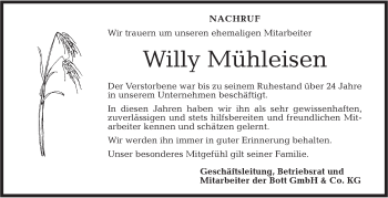 Traueranzeige von Willy Mühleisen von Rundschau Gaildorf