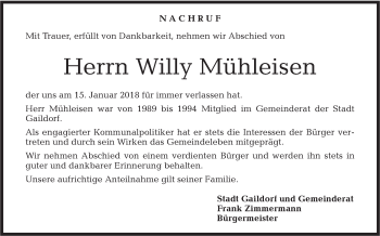 Traueranzeige von Willy Mühleisen von Rundschau Gaildorf