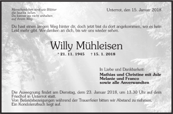 Traueranzeige von Willy Mühleisen von Rundschau Gaildorf