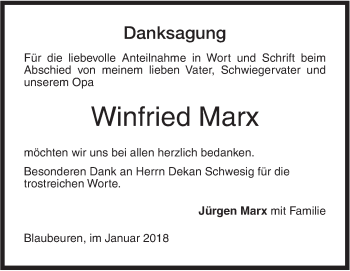 Traueranzeige von Winfried Marx von SÜDWEST PRESSE