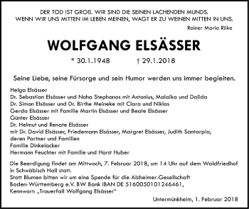 Traueranzeige von Wolfgang Elsässer von Haller Tagblatt