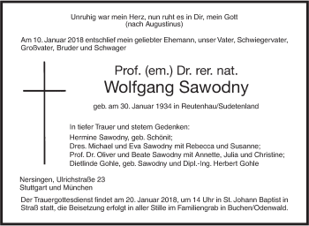 Traueranzeige von Wolfgang Sawodny von SÜDWEST PRESSE Ausgabe Ulm/Neu-Ulm