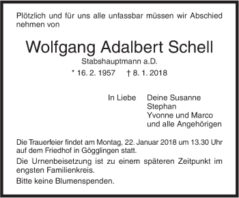 Traueranzeige von Wolfgang Adalbert Schell von SÜDWEST PRESSE Ausgabe Ulm/Neu-Ulm