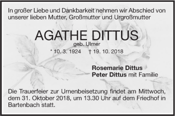 Traueranzeige von Agathe Dittus von NWZ Neue Württembergische Zeitung