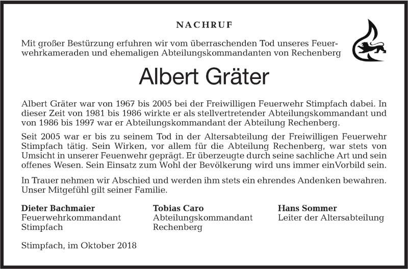  Traueranzeige für Albert Gräter vom 18.10.2018 aus Hohenloher Tagblatt