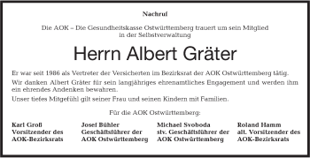 Traueranzeige von Albert Gräter von Hohenloher Tagblatt