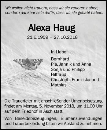 Traueranzeige von Alexa Haug von SÜDWEST PRESSE Ausgabe Ulm/Neu-Ulm