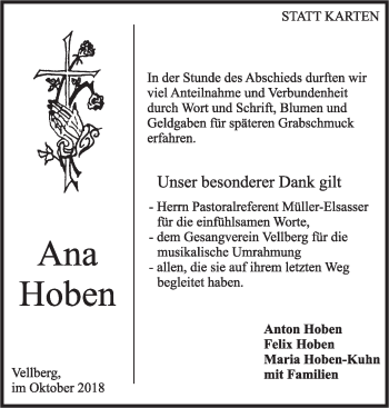 Traueranzeige von Ana Hoben von Haller Tagblatt