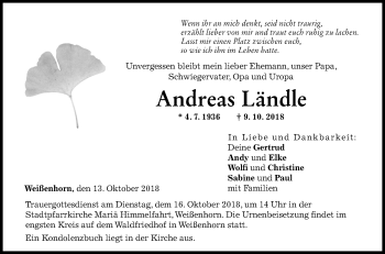 Traueranzeige von Andreas Ländle von SÜDWEST PRESSE Ausgabe Ulm/Neu-Ulm