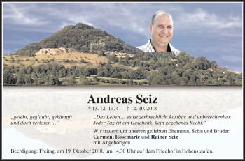 Traueranzeige von Andreas Seiz von NWZ Neue Württembergische Zeitung/Geislinger Zeitung