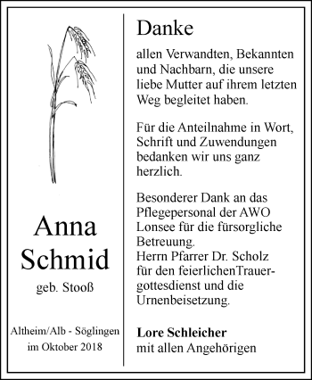 Traueranzeige von Anna Schmid von SÜDWEST PRESSE Ausgabe Ulm/Neu-Ulm