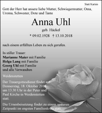 Traueranzeige von Anna Uhl von SÜDWEST PRESSE Ausgabe Ulm/Neu-Ulm