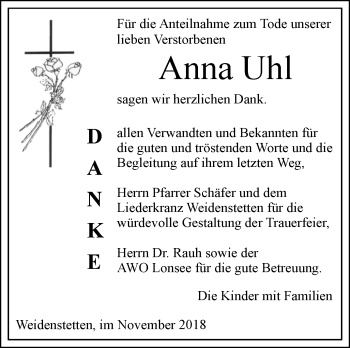 Traueranzeige von Anna Uhl von SÜDWEST PRESSE Ausgabe Ulm/Neu-Ulm