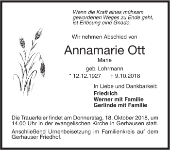 Traueranzeige von Annamarie Ott von SÜDWEST PRESSE Ausgabe Ulm/Neu-Ulm